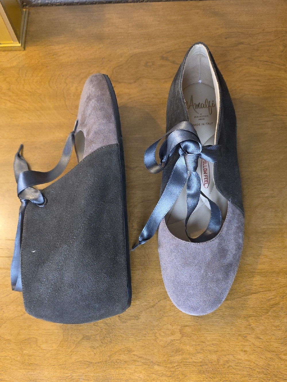 Amalfi Two-Tone Gray & Charcoal Suede Satin Lace-Up Flats